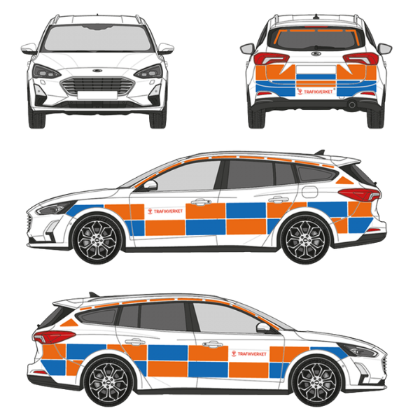 Schemabild som visar hur reflexfält placeras på sidor och baklucka enligt svensk praxis.